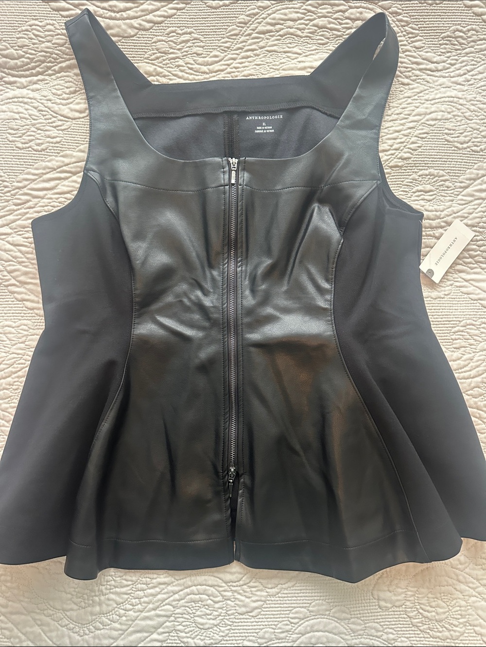 Anthropologie Black Faux-Leather Peplum Zip Tank Top